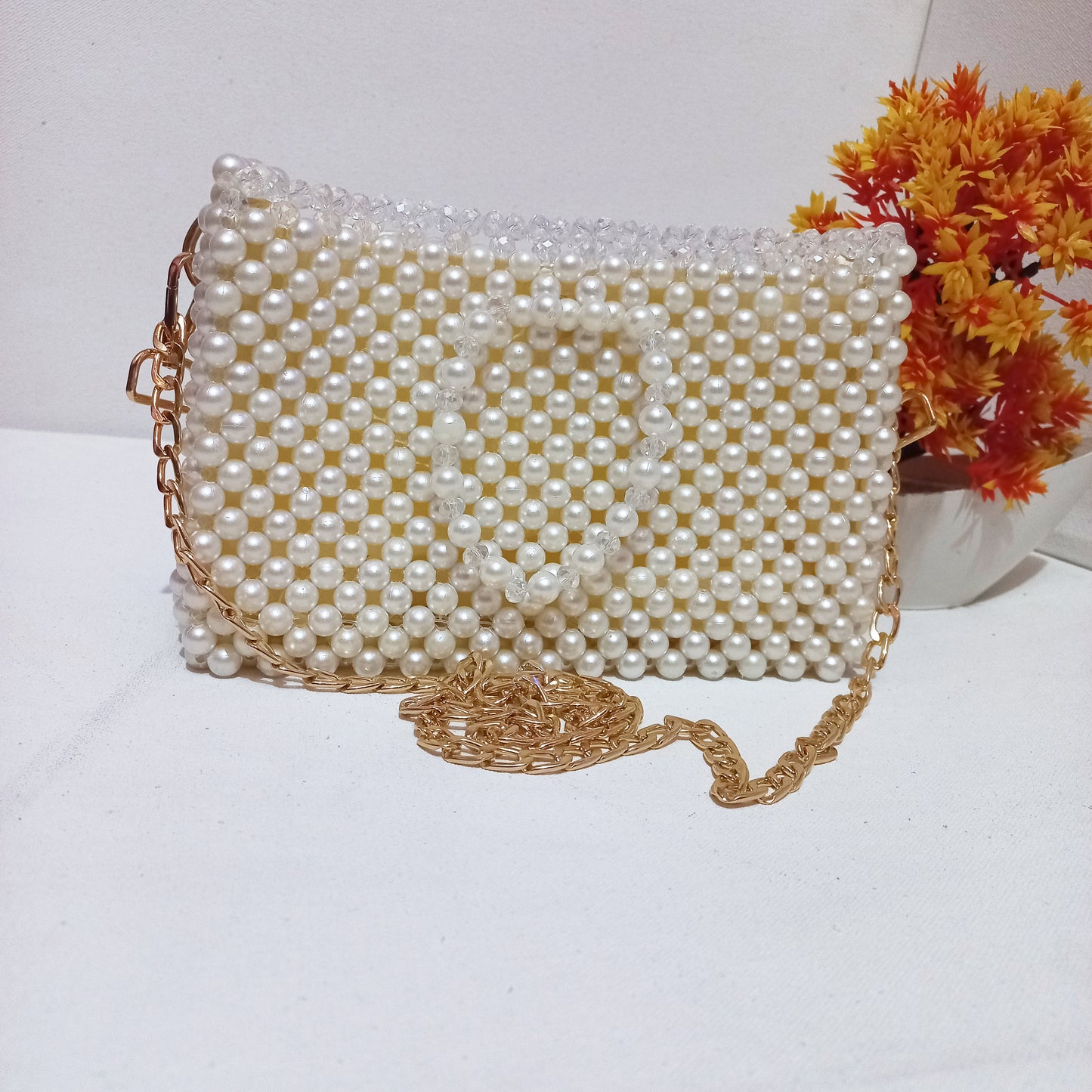 Off-White Pearl Beaded Bag – Handmade with Chain & Hooks