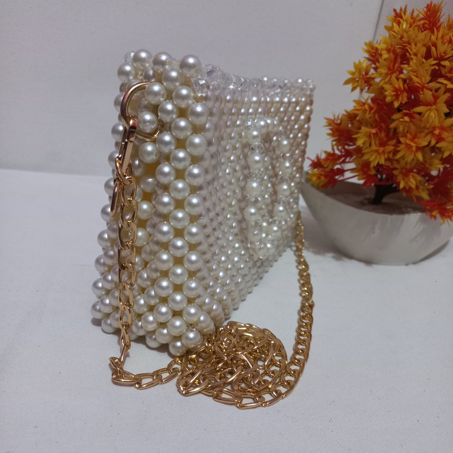 Off-White Pearl Beaded Bag – Handmade with Chain & Hooks