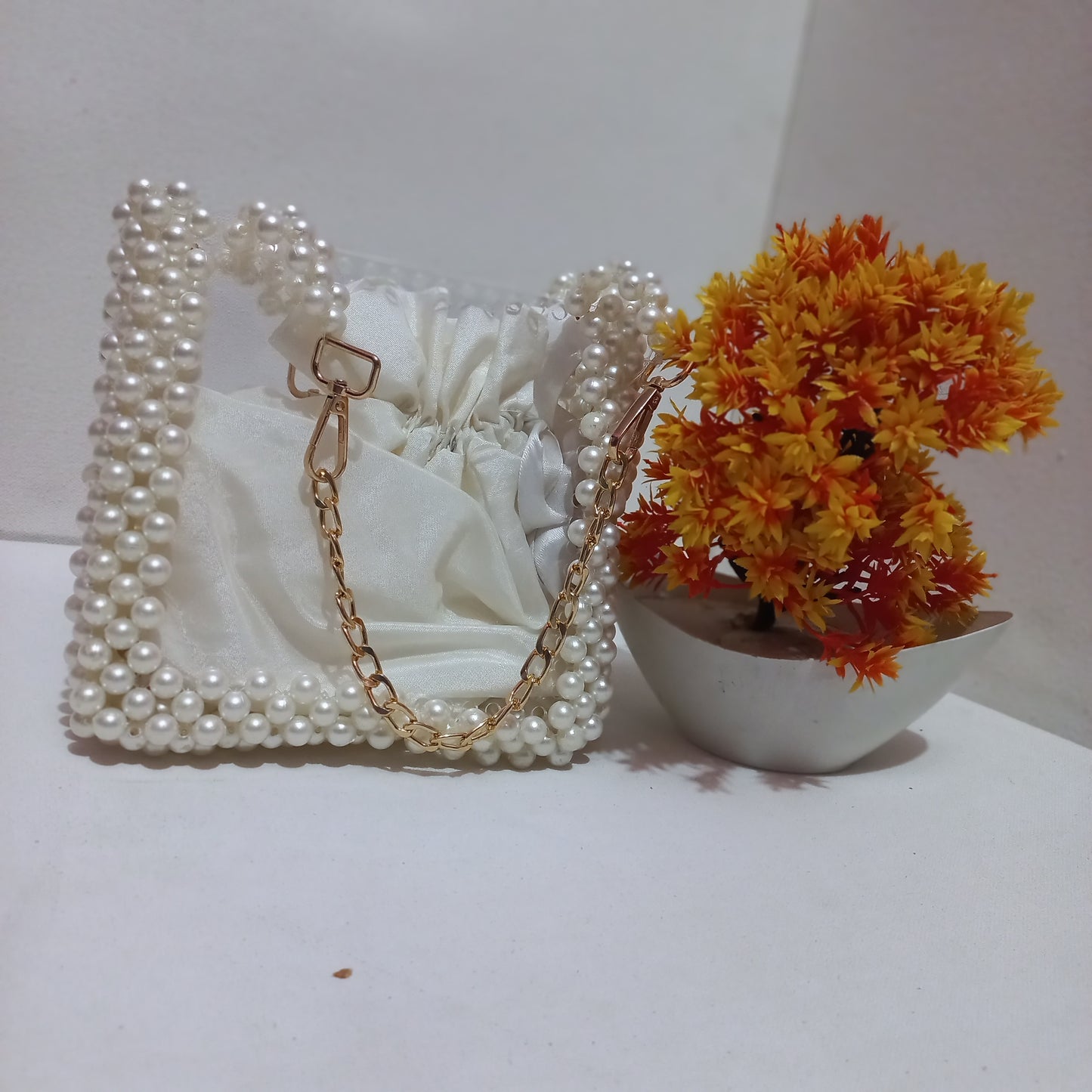 Off-White Acrylic Bag – Handmade Pearl Beads with Chain Handle