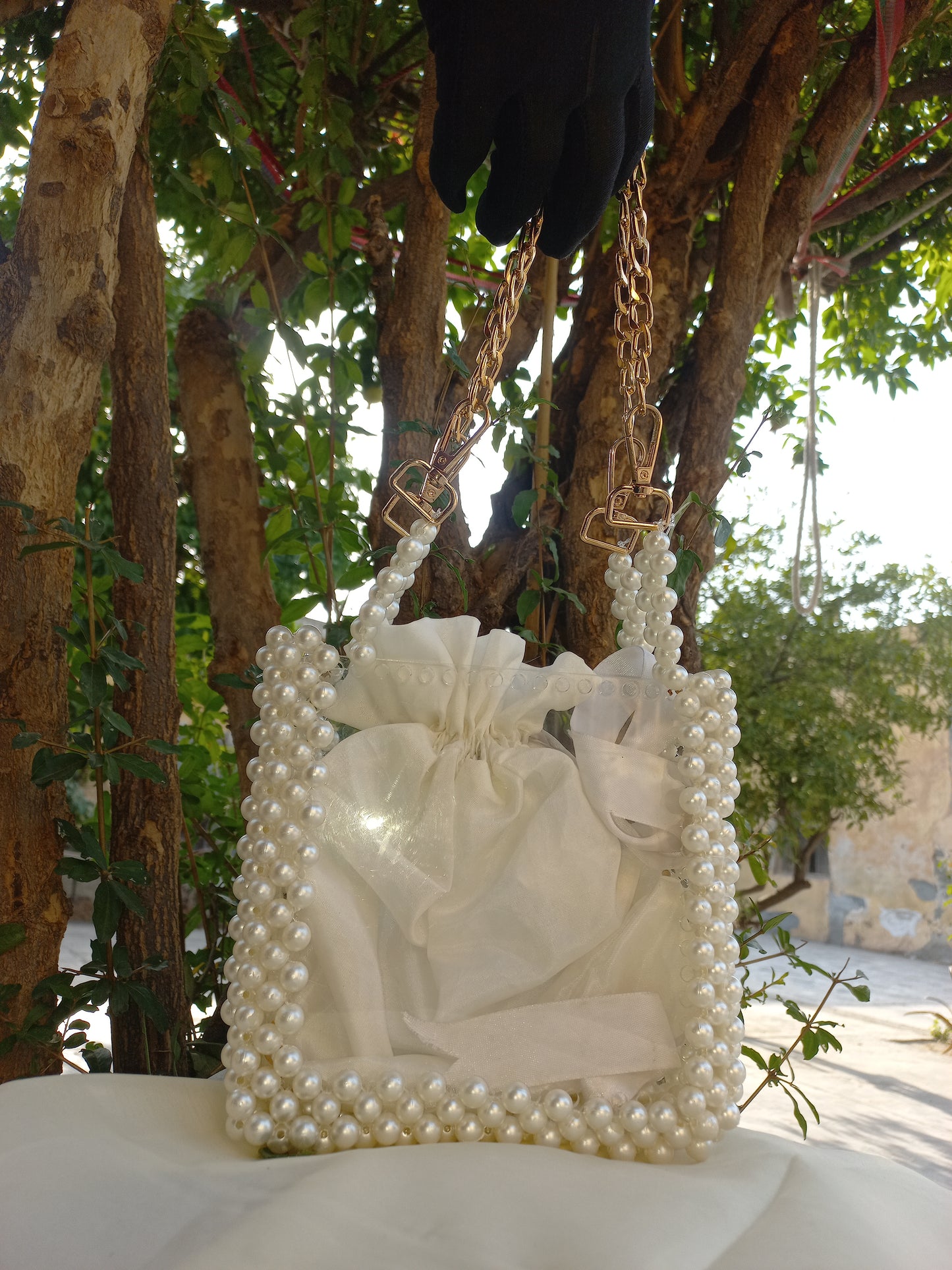 Off-White Acrylic Bag – Handmade Pearl Beads with Chain Handle
