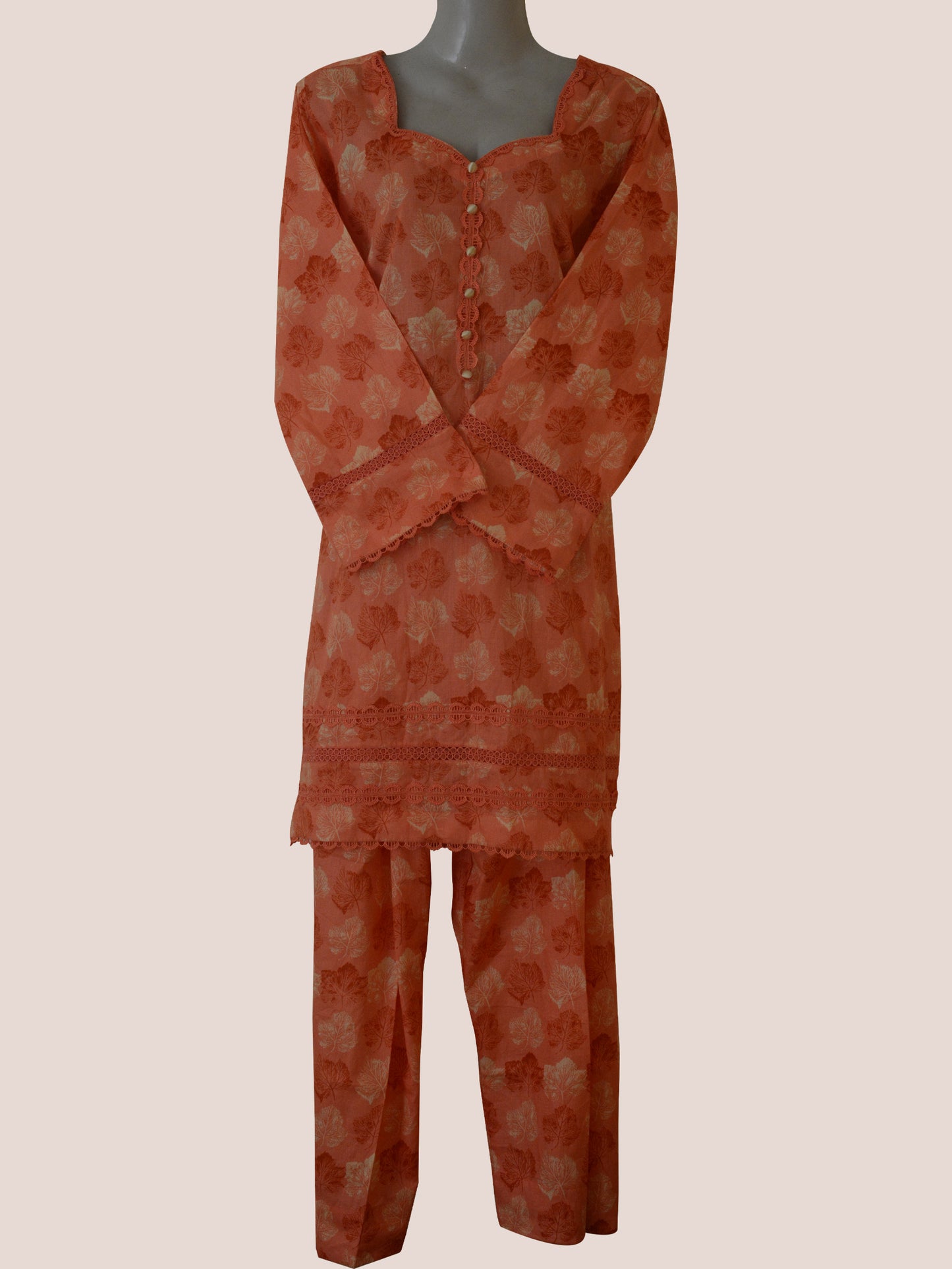 Stitched 2-Piece Floral Suit in Burnt Peach with Matching Lace | Ready-to-Wear Kurti Set