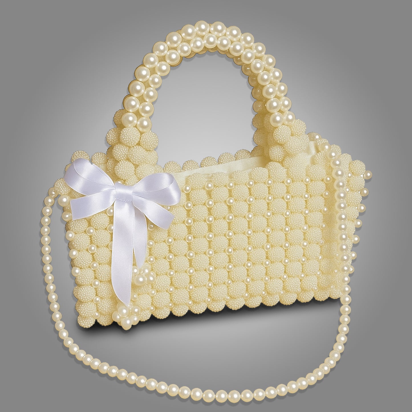 Handmade Off-White Pearl & Berry Beaded Bag with pearl Handle, Strap & Bow Accent