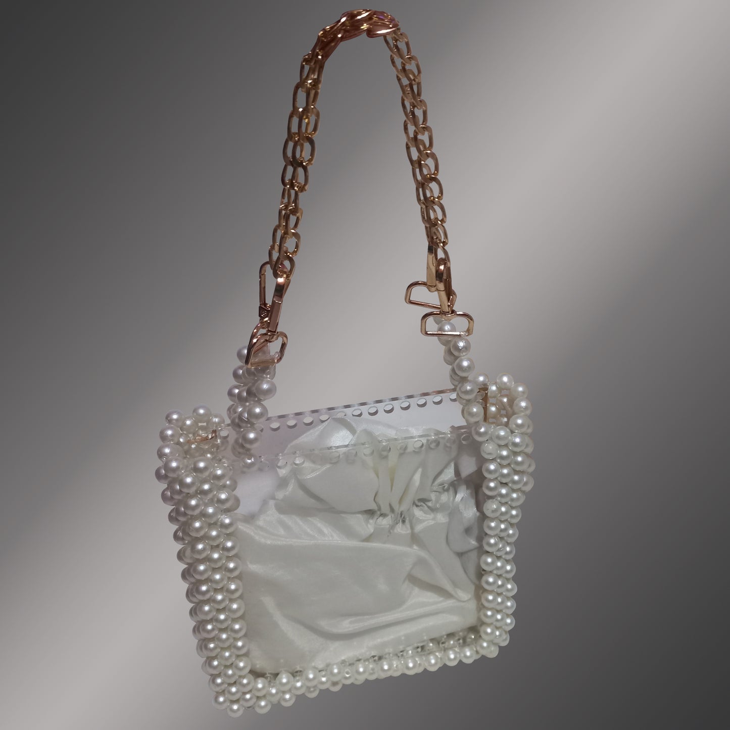 Off-White Acrylic Bag – Handmade Pearl Beads with Chain Handle