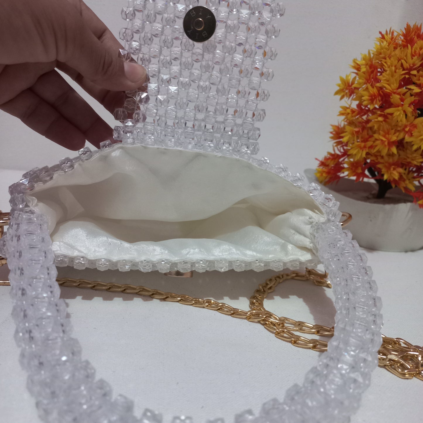 Handmade White Acrylic Beaded Bag with Chain Strip
