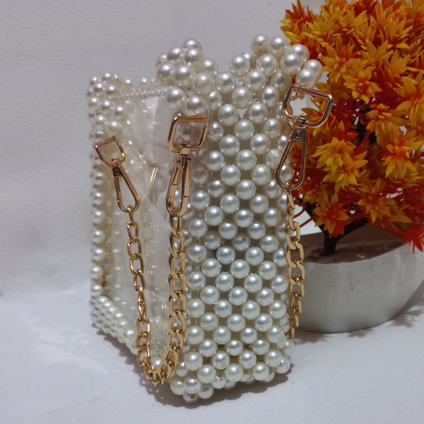 Off-White Acrylic Bag – Handmade Pearl Beads with Chain Handle