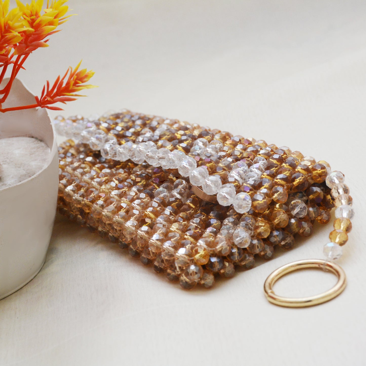 Handmade Golden & White Crystal Beaded Wallet with Wrist Ring