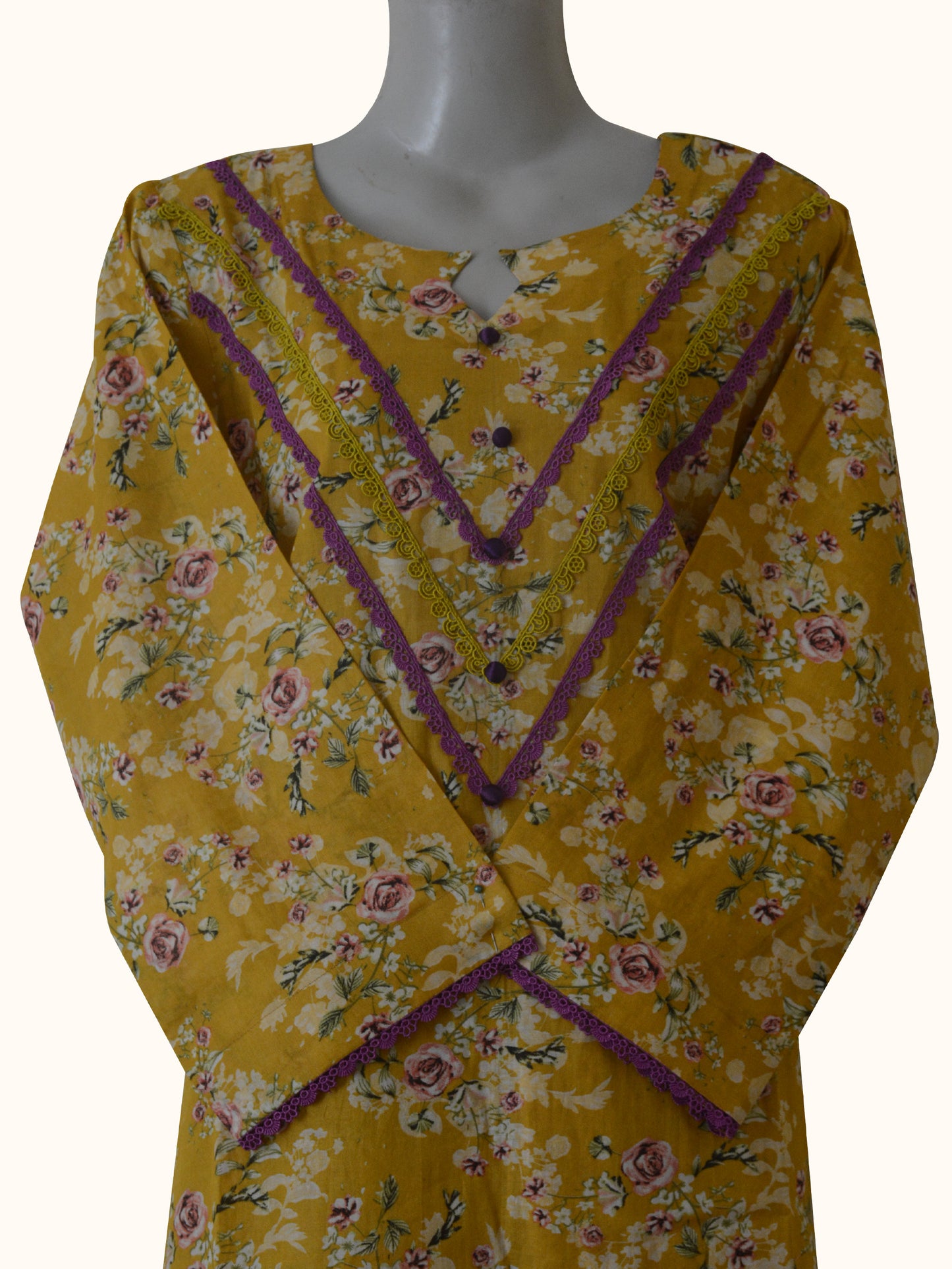 Mustard Floral 2-Piece Suit – Embroidered Neck & Hem