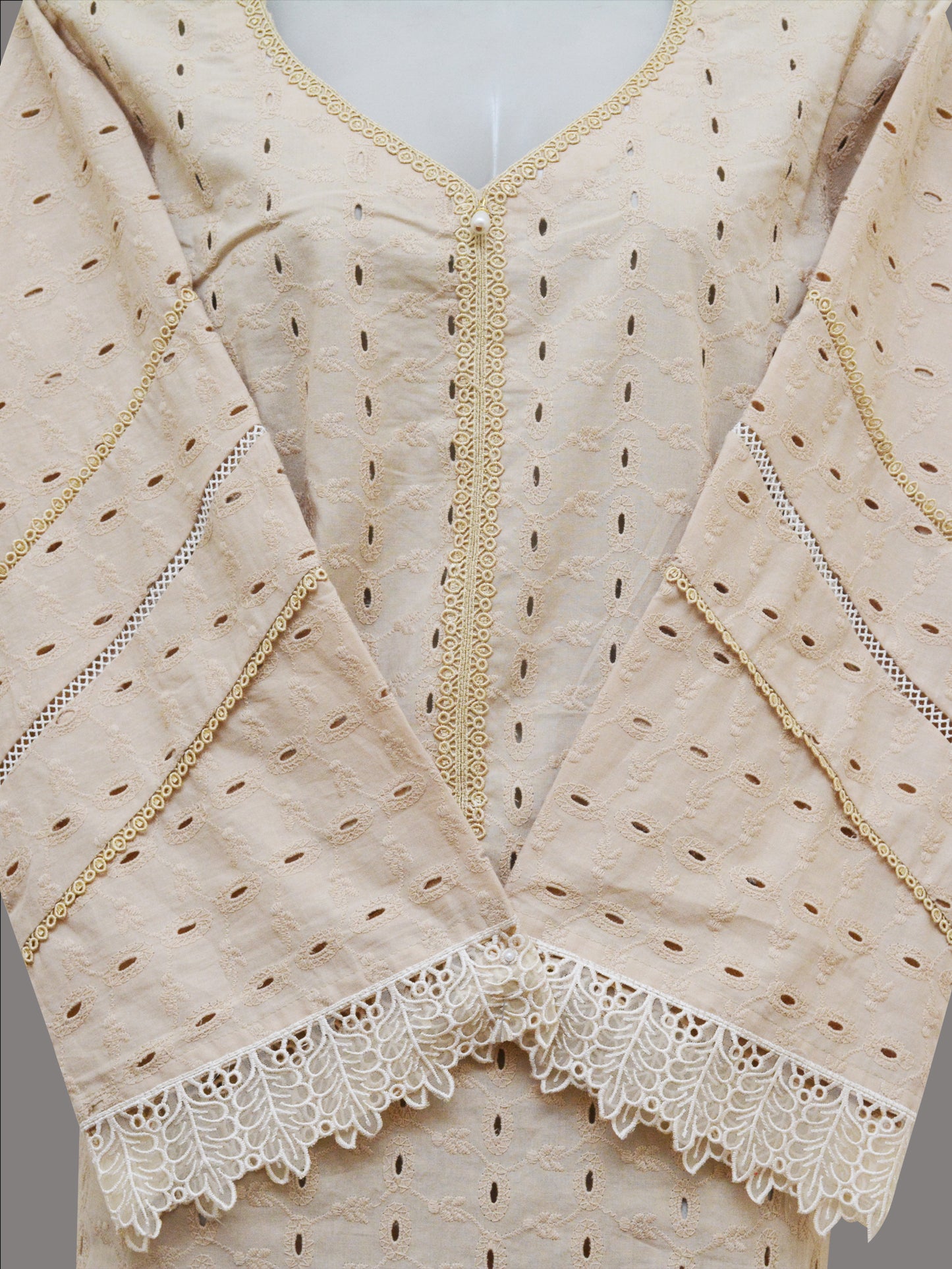Beige Stitched Chikankari Shirt with Lace Detailing | Ready-to-Wear Kurti