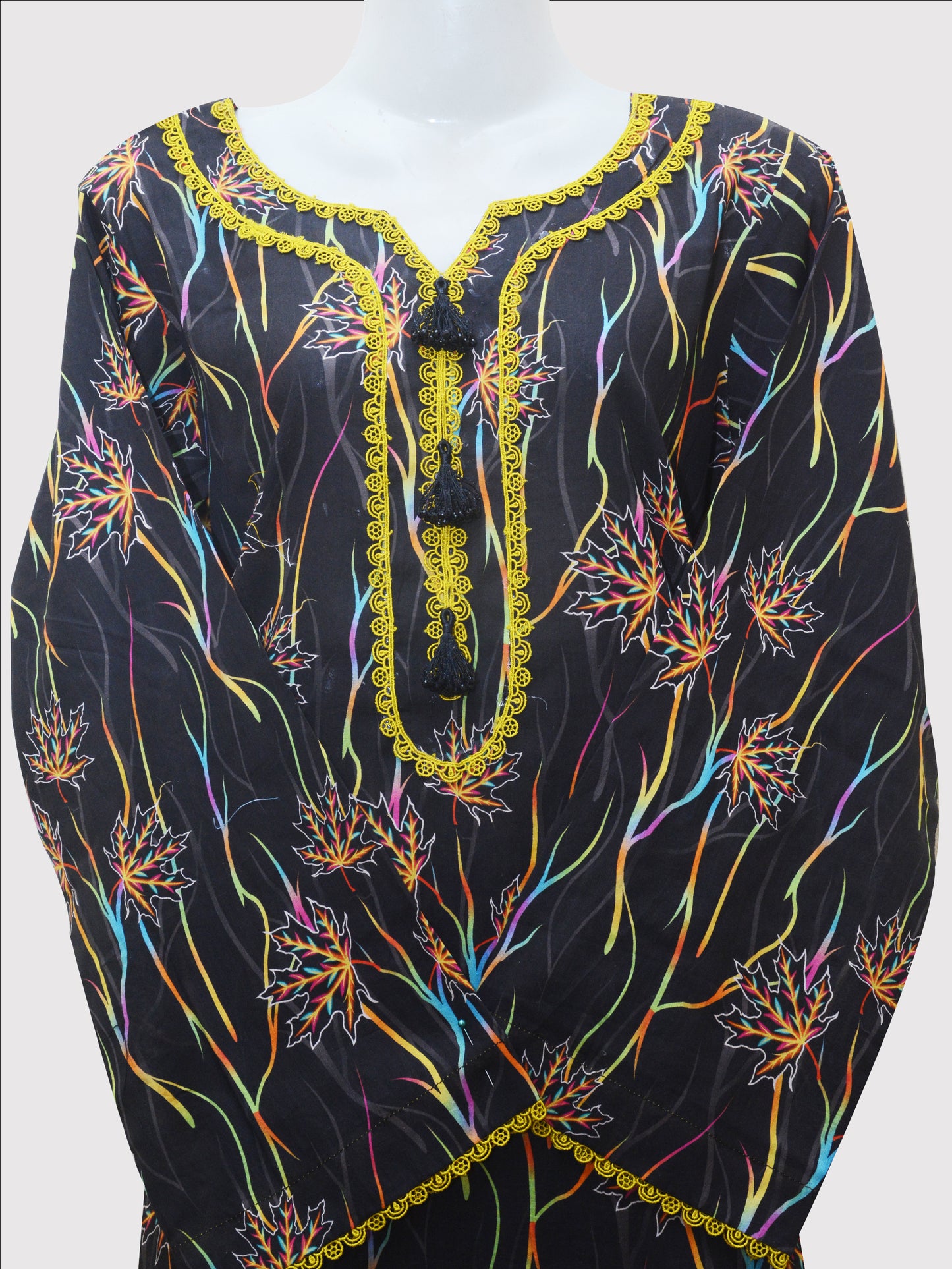 Stitched 2-Piece Black Suit with Multi-Color Print & Green Lace | Ready-to-Wear Kurti Set