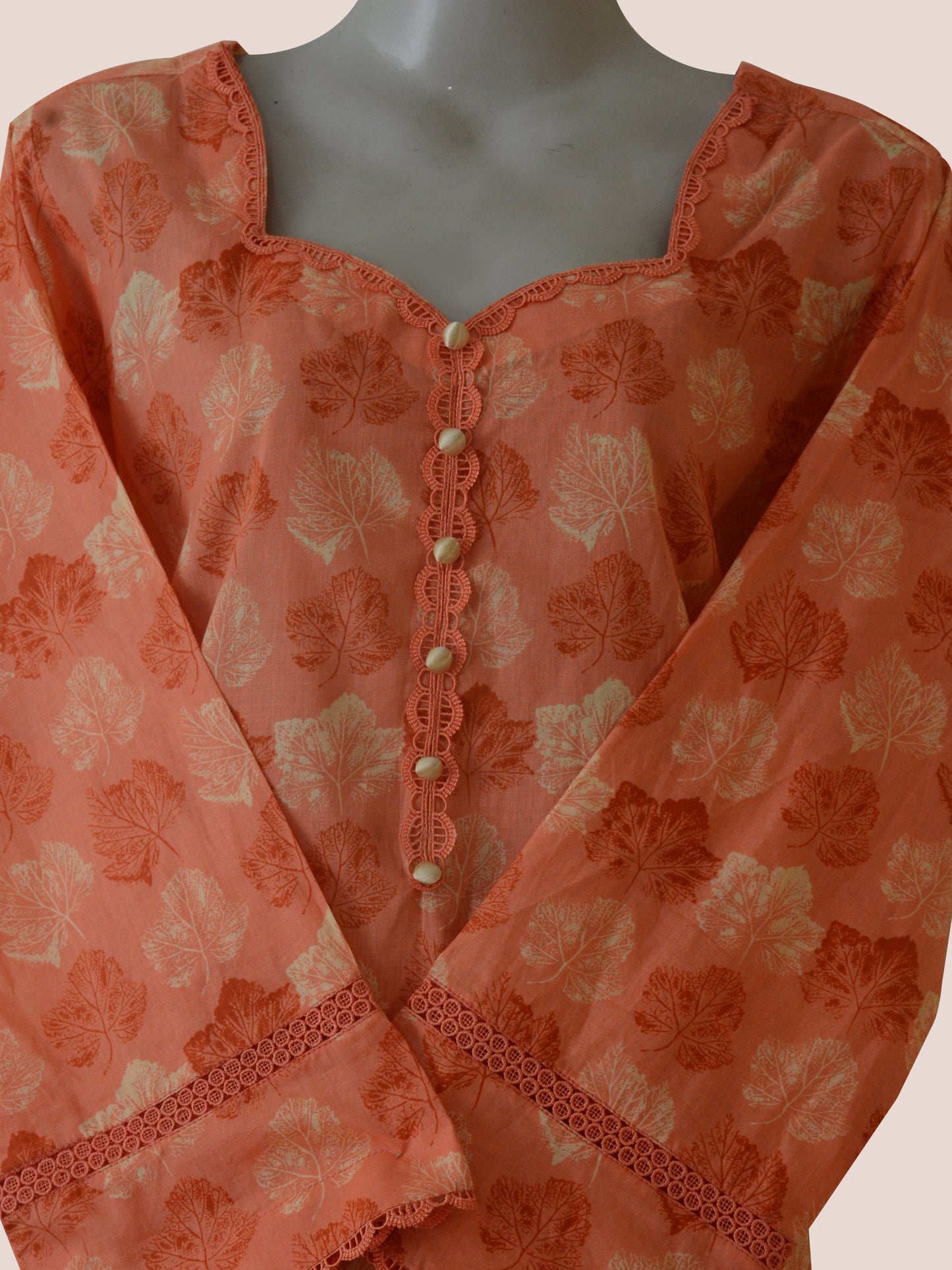 Stitched 2-Piece Floral Suit in Burnt Peach with Matching Lace | Ready-to-Wear Kurti Set