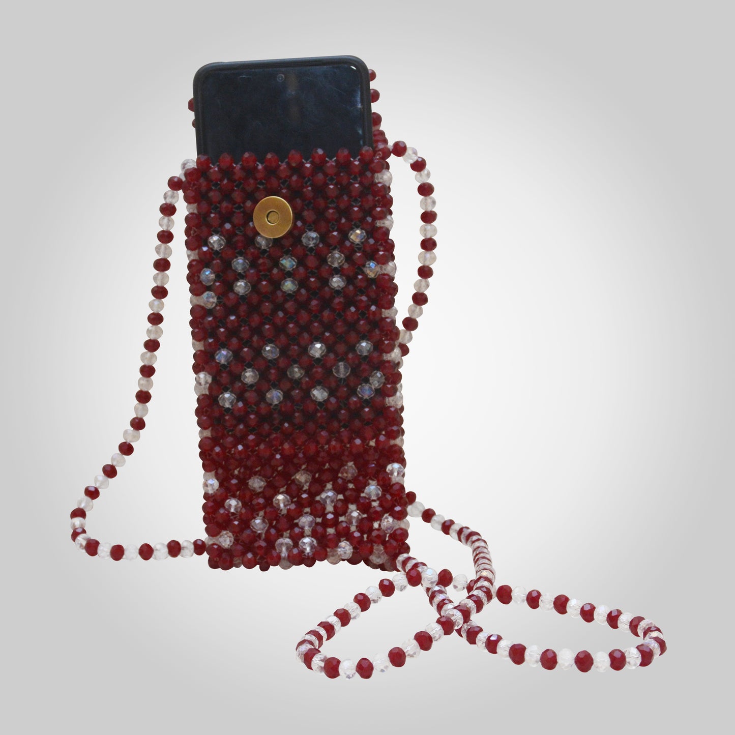 Maroon & White Crystal Beaded Phone Pouch with Crossbody Crystal beaded Strap