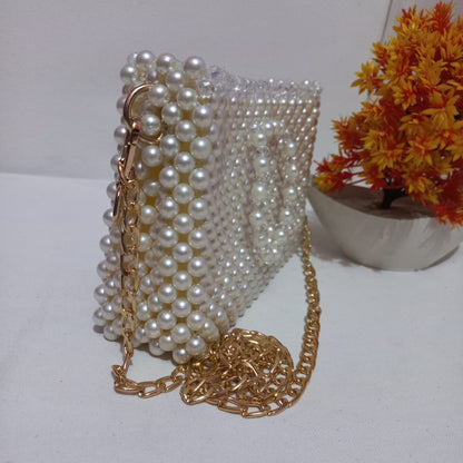 Off-White Pearl Beaded Bag – Handmade with Chain & Hooks