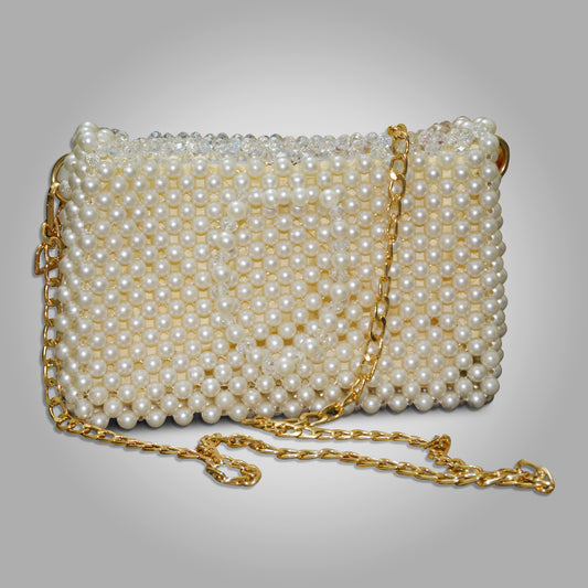 Off-White Pearl Beaded Bag – Handmade with Chain & Hooks