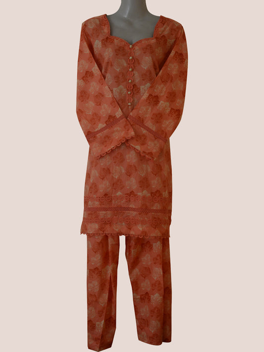 Stitched 2-Piece Floral Suit in Burnt Peach with Matching Lace | Ready-to-Wear Kurti Set