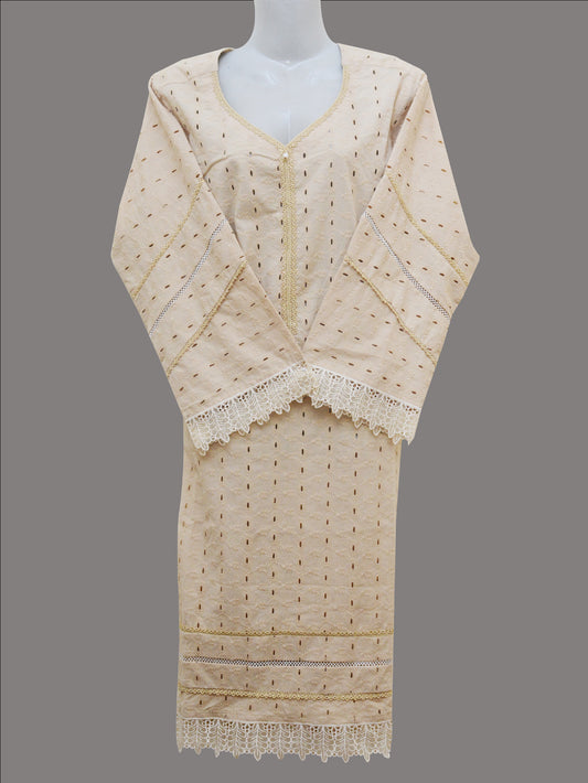 Beige Stitched Chikankari Shirt with Lace Detailing | Ready-to-Wear Kurti