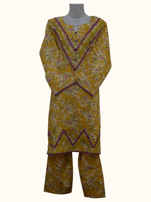 Mustard Floral 2-Piece Suit – Embroidered Neck & Hem