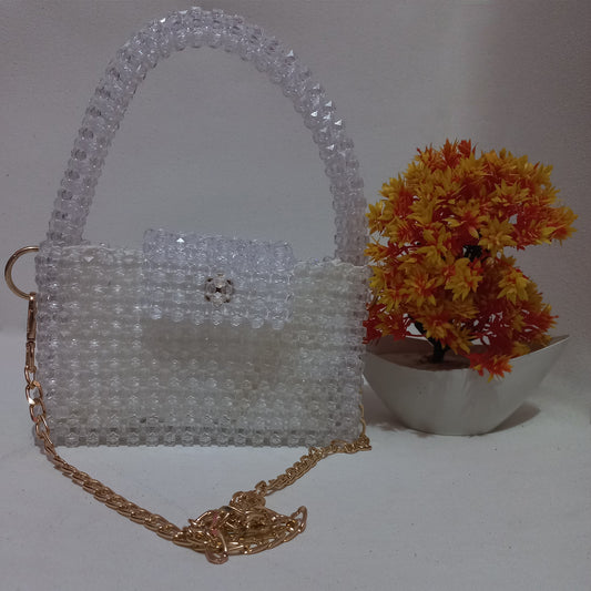 Handmade White Acrylic Beaded Bag with Chain Strip