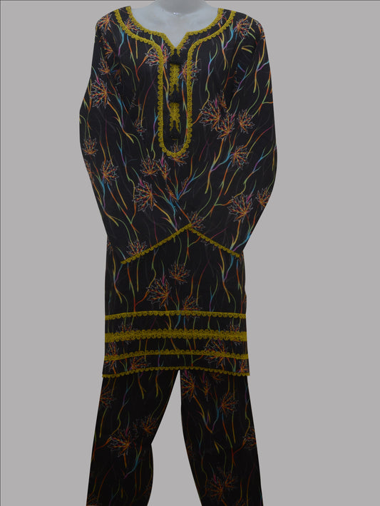 Stitched 2-Piece Black Suit with Multi-Color Print & Green Lace | Ready-to-Wear Kurti Set