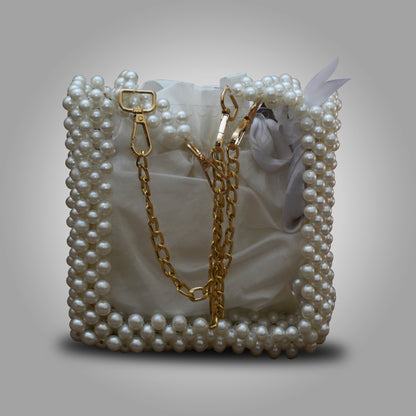 Off-White Acrylic Bag – Handmade Pearl Beads with Chain Handle