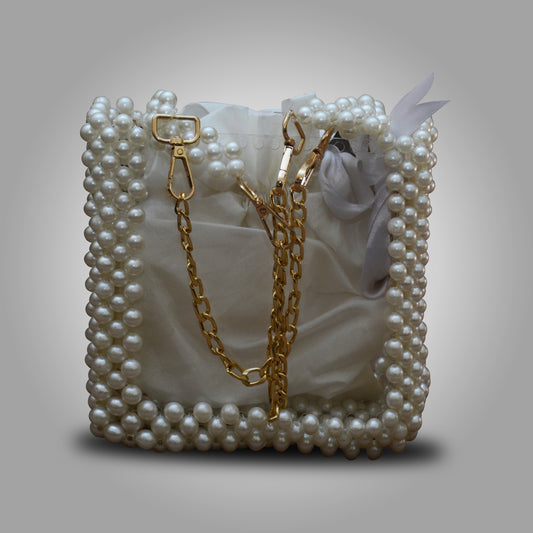 Off-White Acrylic Bag – Handmade Pearl Beads with Chain Handle