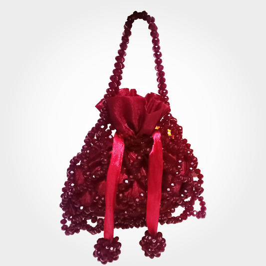 Handmade Red Crystal Potli Bag with Beaded Handle & Ribbon Drawstring – Bridal & Festive Use