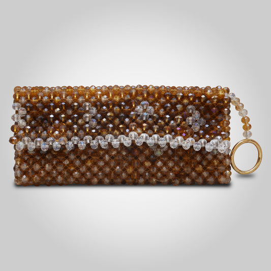 Handmade Golden & White Crystal Beaded Wallet with Wrist Ring