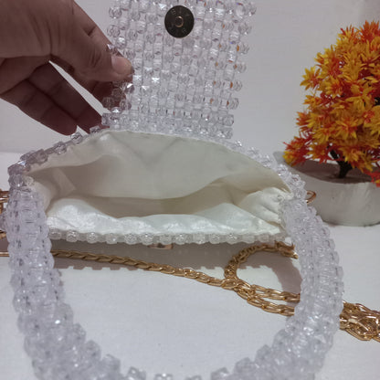 Handmade White Acrylic Beaded Bag with Chain Strip