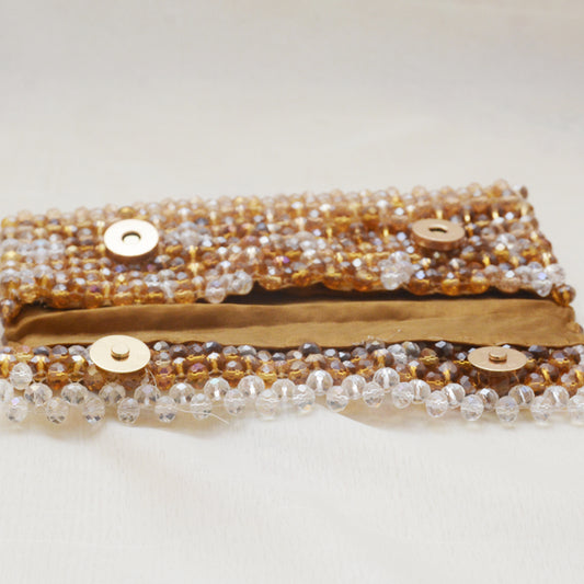 Handmade Golden & White Crystal Beaded Wallet with Wrist Ring