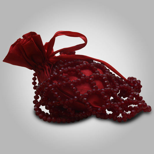 Handmade Red Crystal Potli Bag with Beaded Handle & Ribbon Drawstring – Bridal & Festive Use