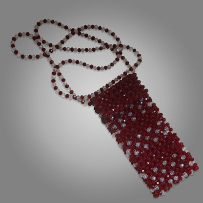 Maroon & White Crystal Beaded Phone Pouch with Crossbody Crystal beaded Strap