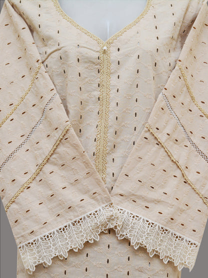 Beige Stitched Chikankari Shirt with Lace Detailing | Ready-to-Wear Kurti