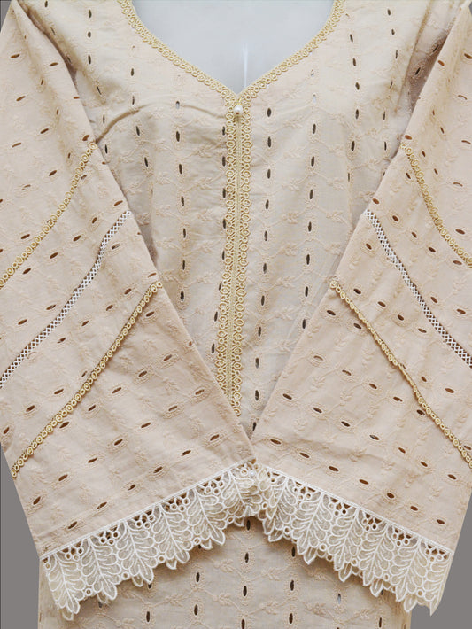 Beige Stitched Chikankari Shirt with Lace Detailing | Ready-to-Wear Kurti
