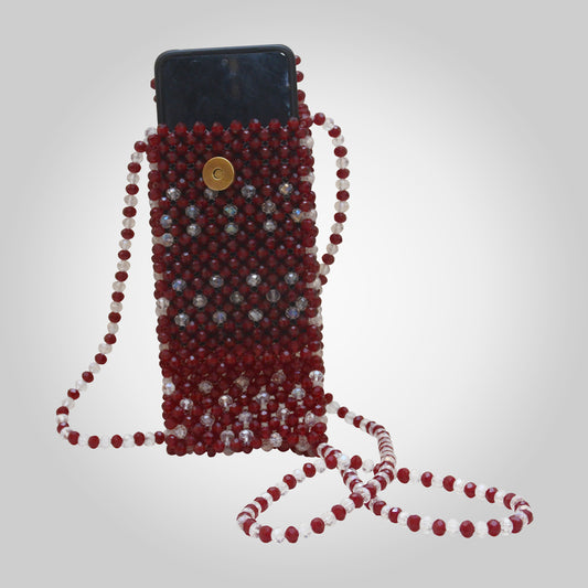 Maroon & White Crystal Beaded Phone Pouch with Crossbody Crystal beaded Strap